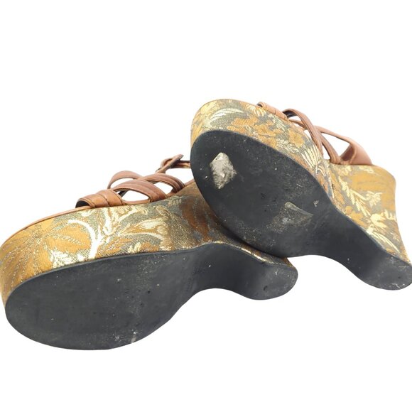 Miu Miu Women's Brown & Gold Jacquard Fabric & Leather Platform Wedge Sandals - Picture 5 of 11